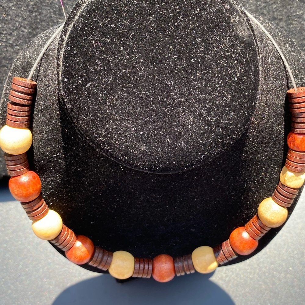Wood bead necklace on choker wire